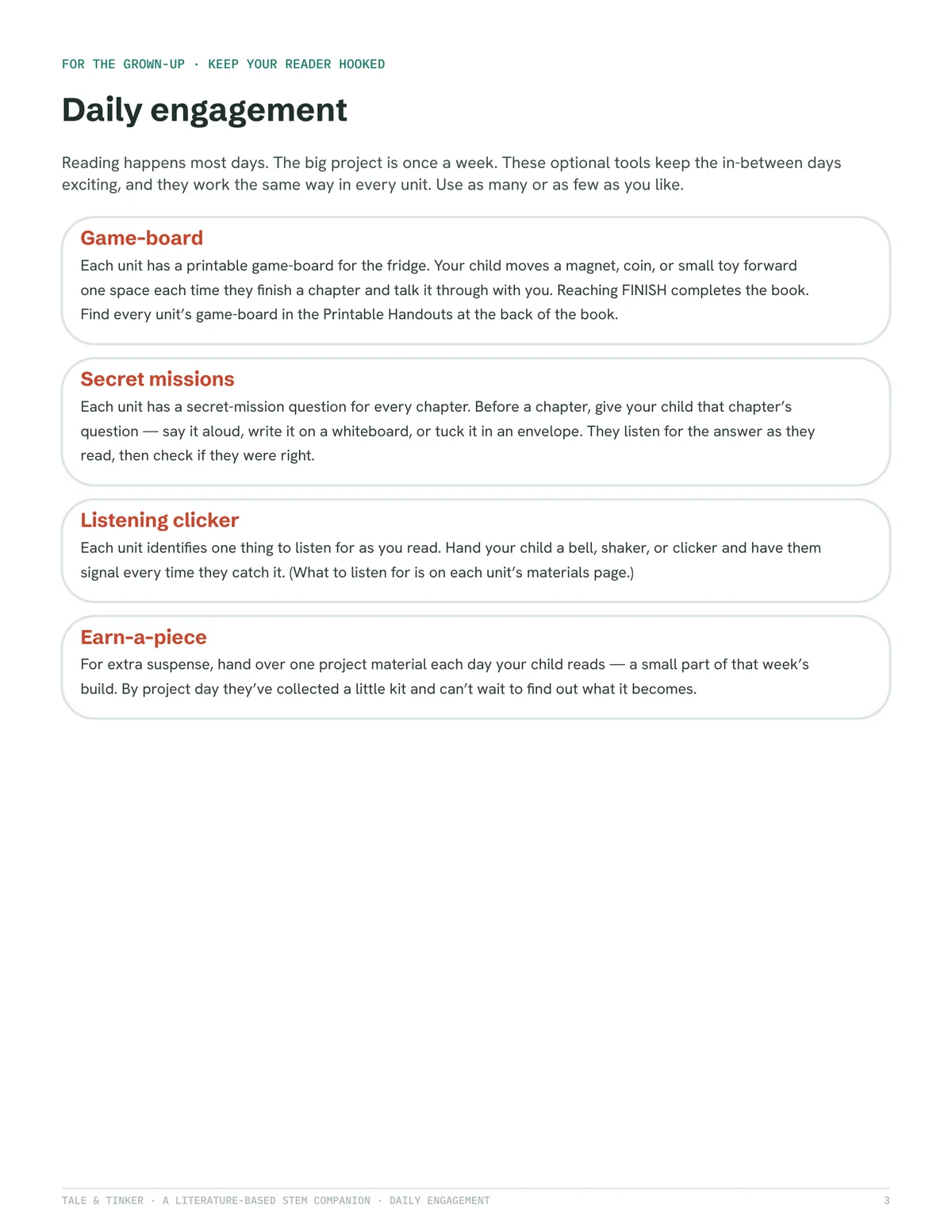 The daily engagement tools — game-board, secret missions, listening clicker