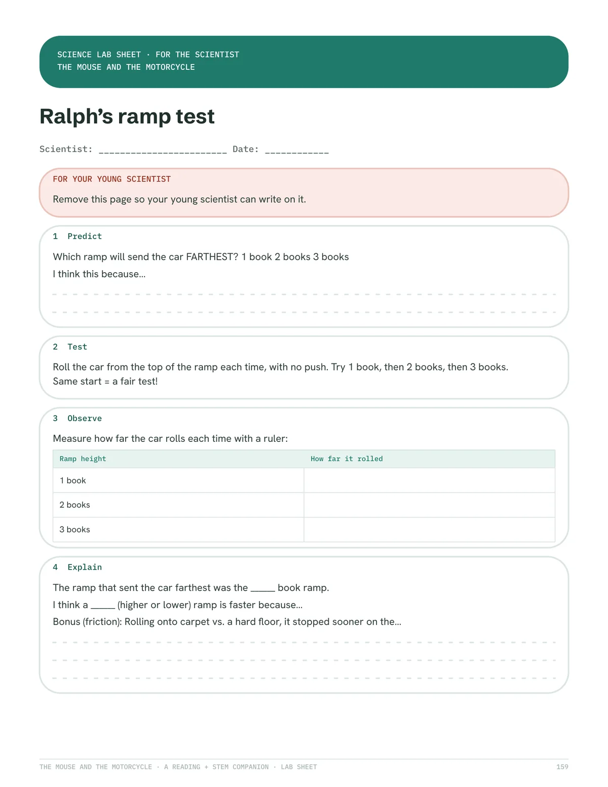 The kids’ science lab sheet — predict, test, observe, explain